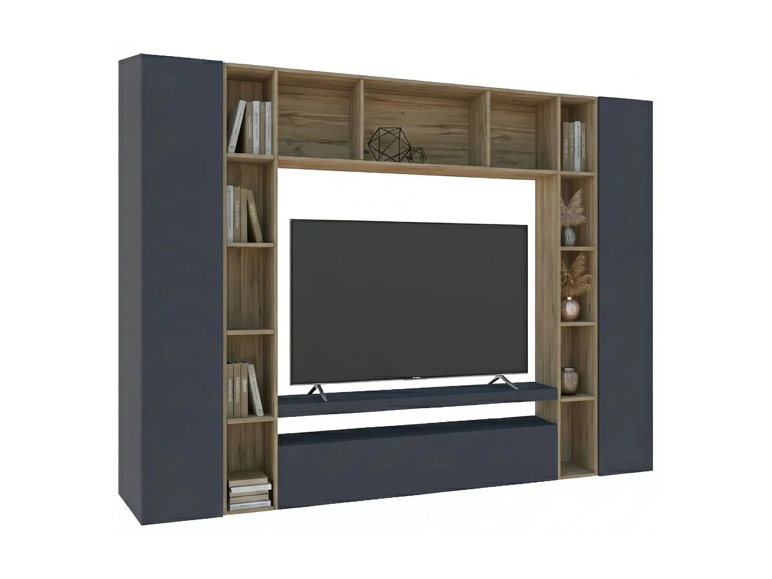 Pared Equipada Gilberto, Conjunto de salón Mueble TV con 3 puertas, Mueble de salón polivalente, 100% Made in Italy, cm 270x35h210, Antracita y Roble