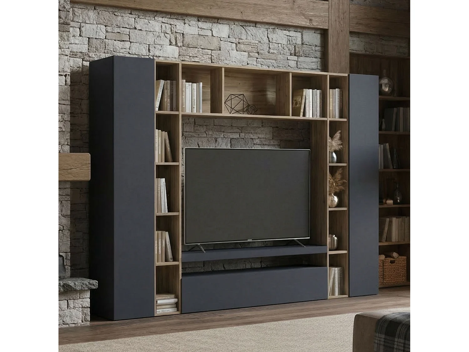Pared Equipada Gilberto, Conjunto de salón Mueble TV con 3 puertas, Mueble de salón polivalente, 100% Made in Italy, cm 270x35h210, Antracita y Roble