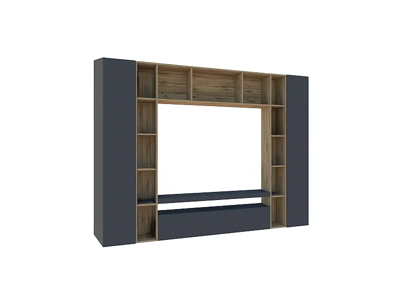 Système mural Gilberto, meuble TV 3 portes, Meuble de salon polyvalent, 100% Made in Italy, 270x35h210 cm, Anthracite et Chêne