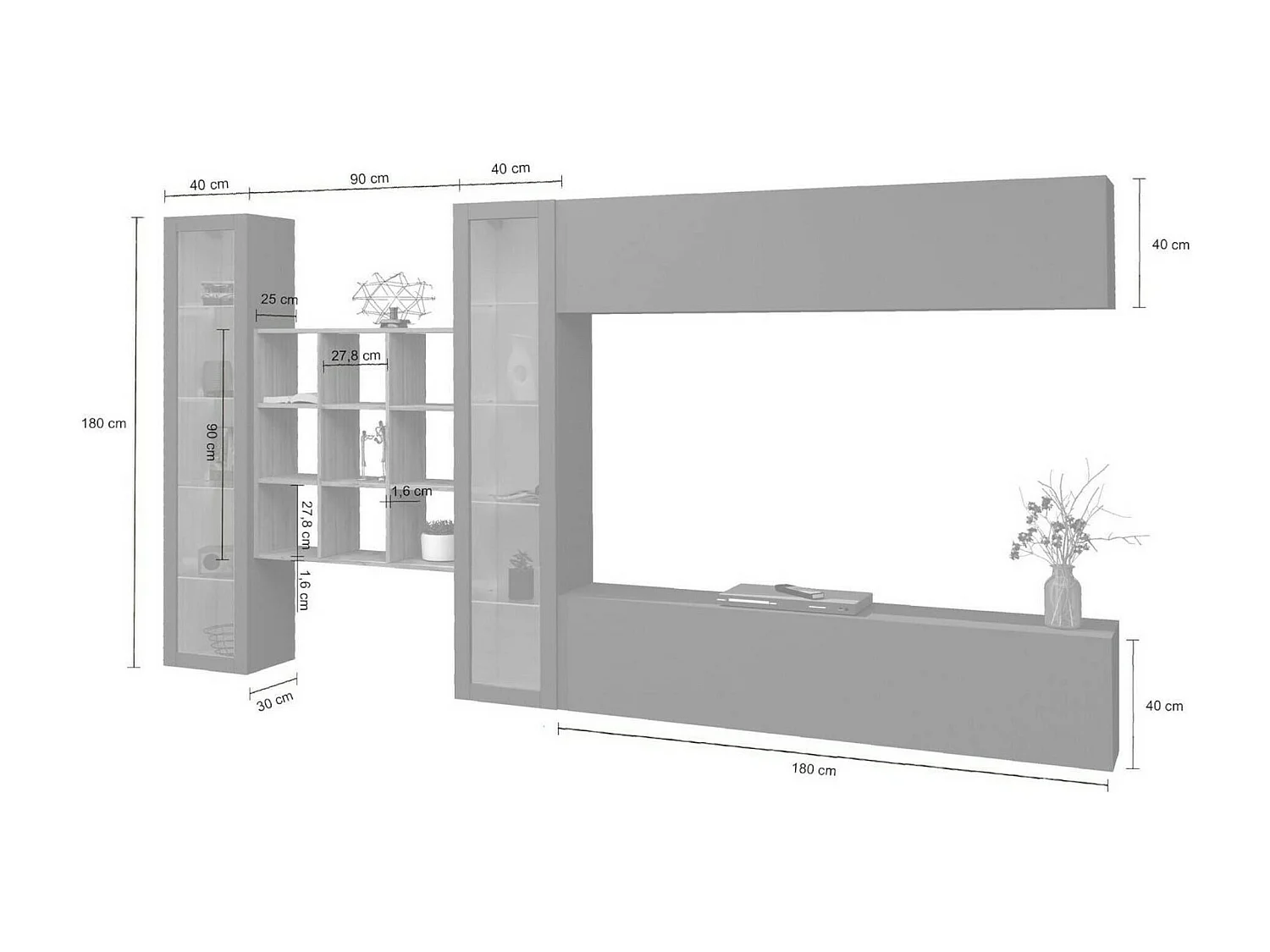 Système mural Gustavo, meuble TV 4 portes, Meuble de salon polyvalent avec vitrine et lumière LED, 100% Made in Italy, 350x30h180 cm, Blanc brillant