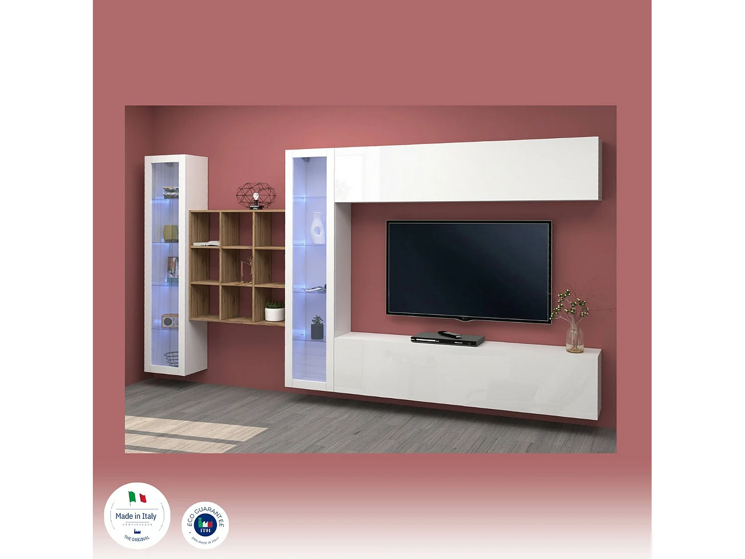 Système mural Gustavo, meuble TV 4 portes, Meuble de salon polyvalent avec vitrine et lumière LED, 100% Made in Italy, 350x30h180 cm, Blanc brillant