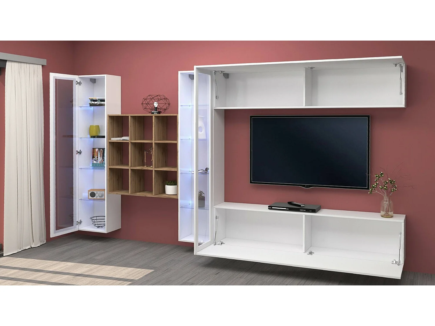 Système mural Gustavo, meuble TV 4 portes, Meuble de salon polyvalent avec vitrine et lumière LED, 100% Made in Italy, 350x30h180 cm, Blanc brillant