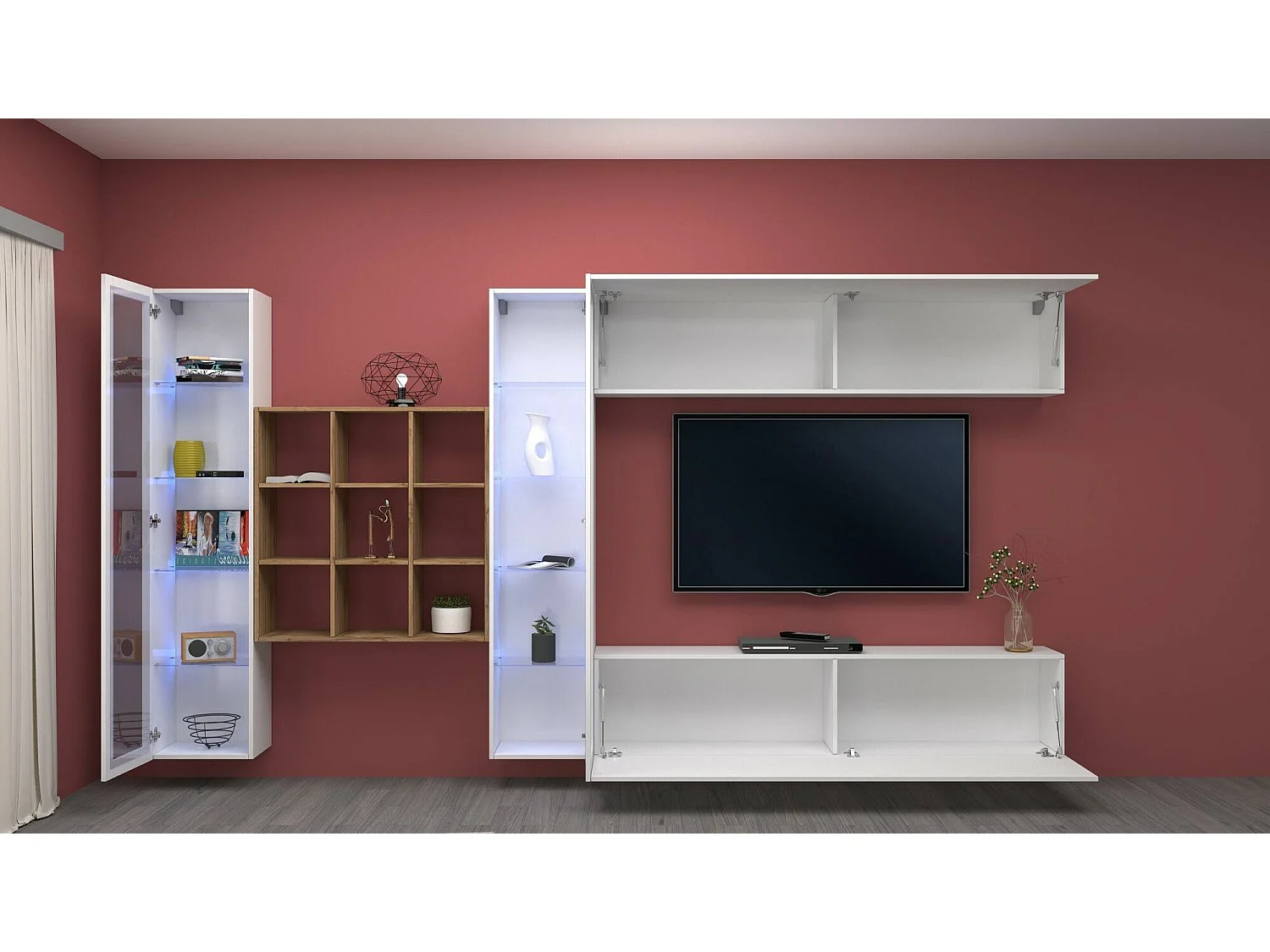 Système mural Gustavo, meuble TV 4 portes, Meuble de salon polyvalent avec vitrine et lumière LED, 100% Made in Italy, 350x30h180 cm, Blanc brillant