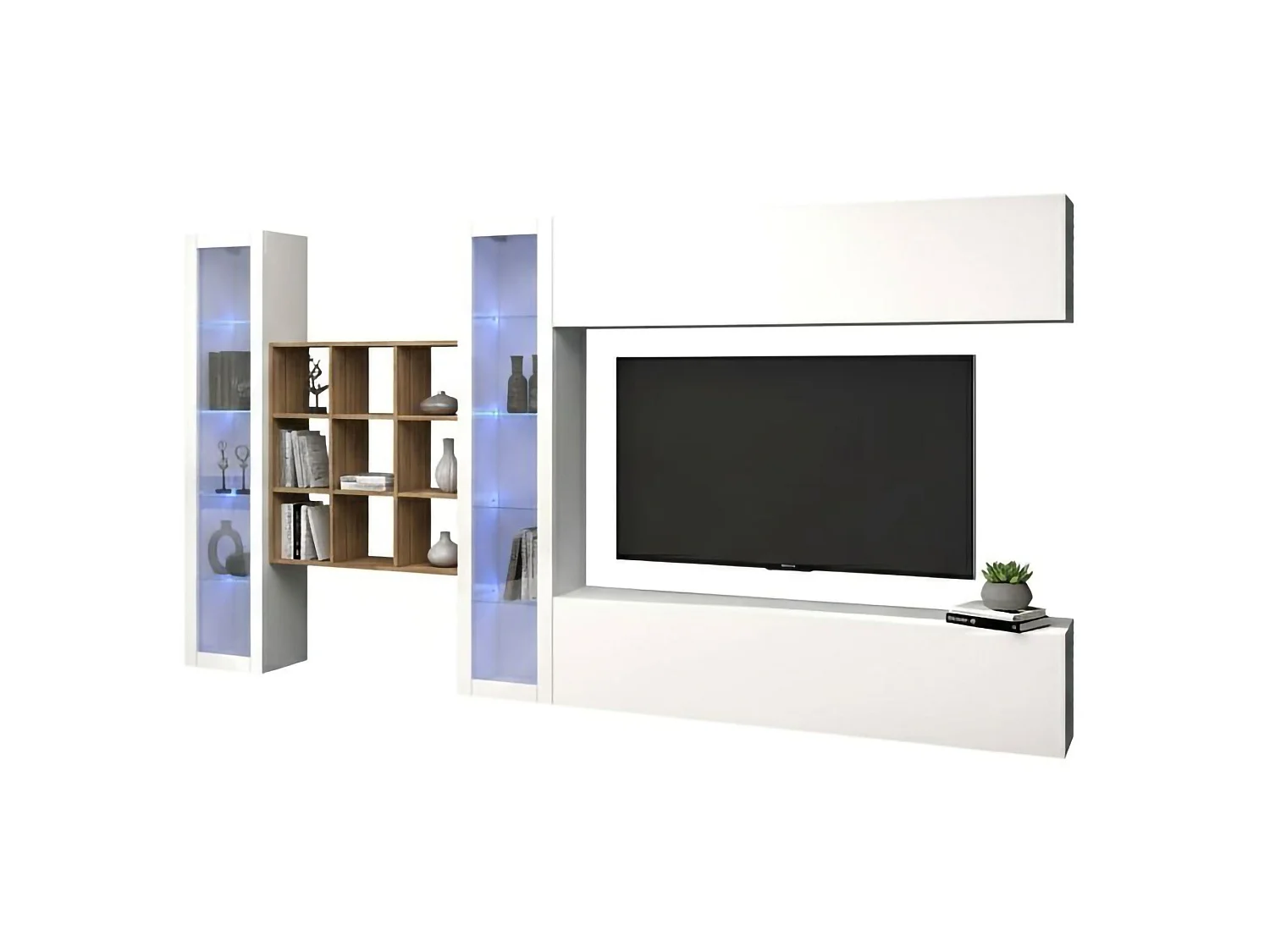 Système mural Gustavo, meuble TV 4 portes, Meuble de salon polyvalent avec vitrine et lumière LED, 100% Made in Italy, 350x30h180 cm, Blanc brillant