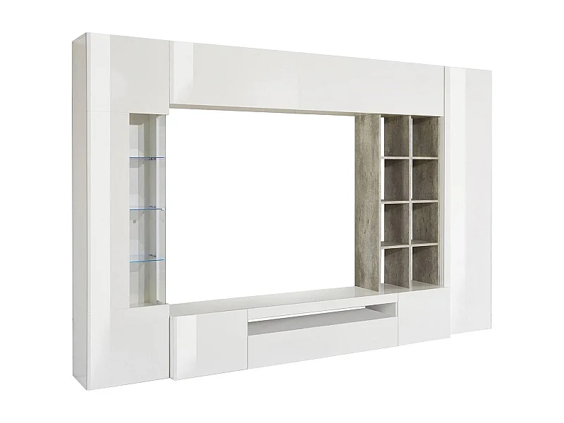 Parete attrezzata Ocean, Set salotto porta TV, Mobile soggiorno multiuso con luce LED, 100% Made in Italy, cm 290x40h192, Bianco lucido e Cemento