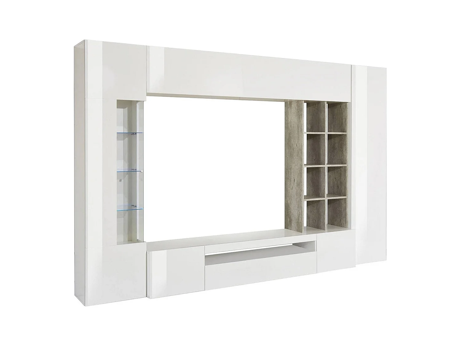 Ocean wandsysteem, TV-meubel woonkamerset, Multifunctioneel woonkamermeubel met LED-licht, 100% Made in Italy, 290x40h192 cm, Glanzend wit en beton