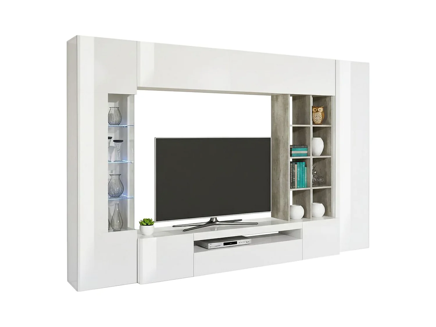Système mural Ocean, ensemble de salon meuble TV, meuble de salon polyvalent avec lumière LED, 100% Made in Italy, 290x40h192 cm, blanc brillant et béton
