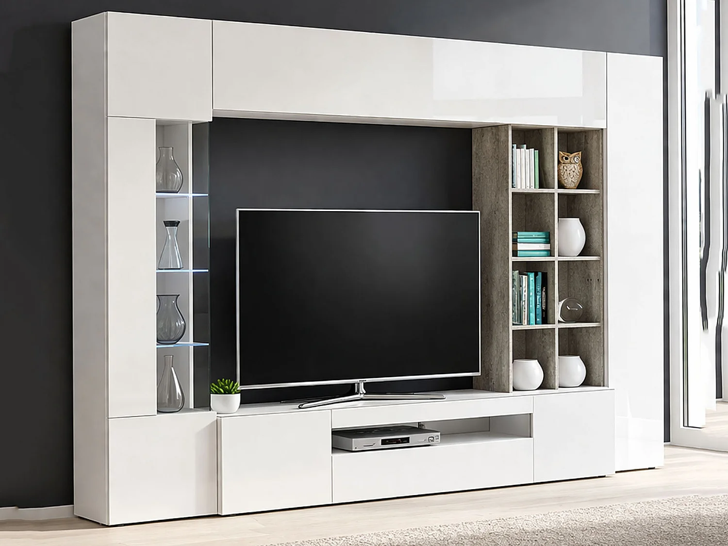 Système mural Ocean, ensemble de salon meuble TV, meuble de salon polyvalent avec lumière LED, 100% Made in Italy, 290x40h192 cm, blanc brillant et béton