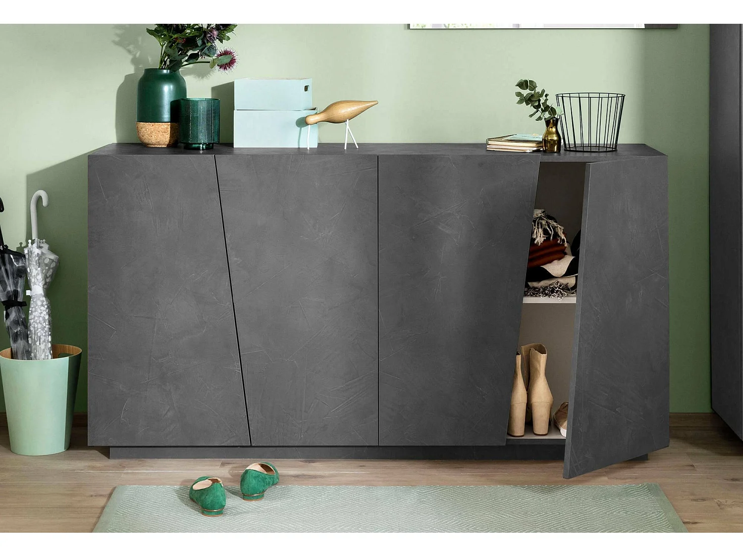 Buffet Dlisuzz, Buffet de cuisine 4 portes, Buffet de salon, 100% Made in Italy, 159x43h86 cm, Ardoise