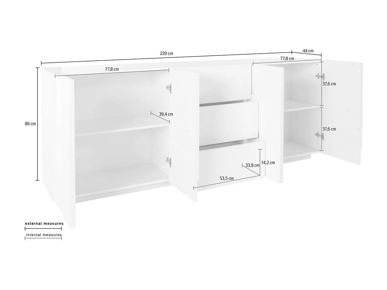Buffet Dlanzar, Buffet de cuisine 4 portes, Buffet de salon, 100% Made in Italy, 162x44h86 cm, Ciment
