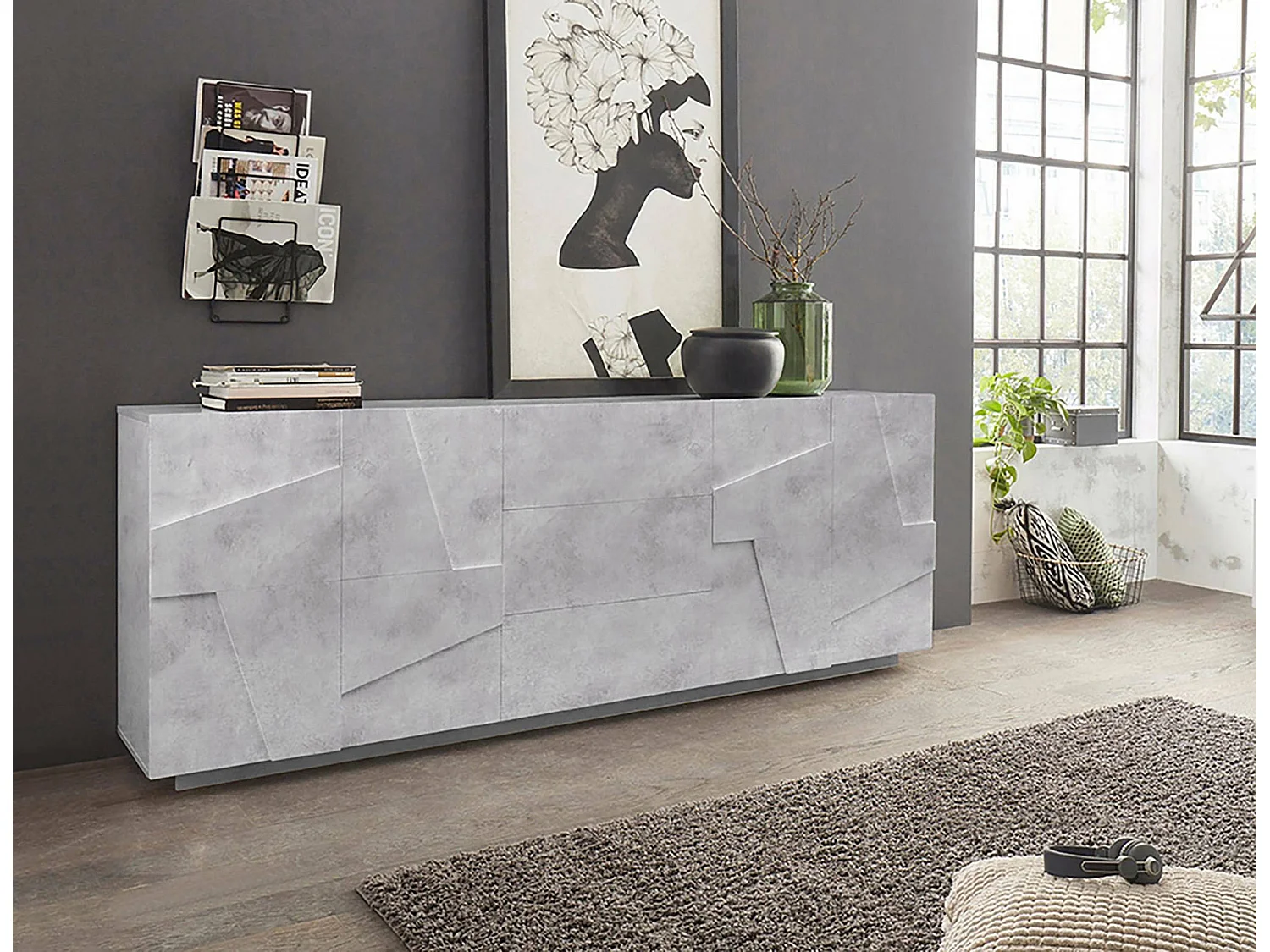 Buffet Dlanzar, Buffet de cuisine 4 portes, Buffet de salon, 100% Made in Italy, 162x44h86 cm, Ciment