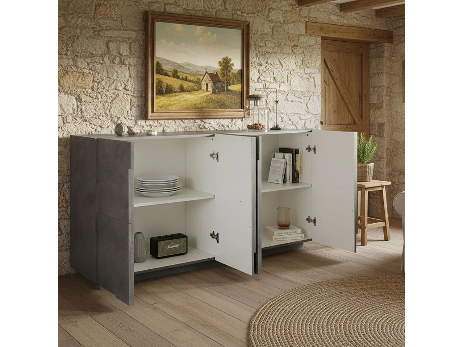 Aparador Dlanzar, aparador de cozinha 4 portas, Buffet de sala, 100% Fabricado na Itália, 162x44h86 cm, Cimento