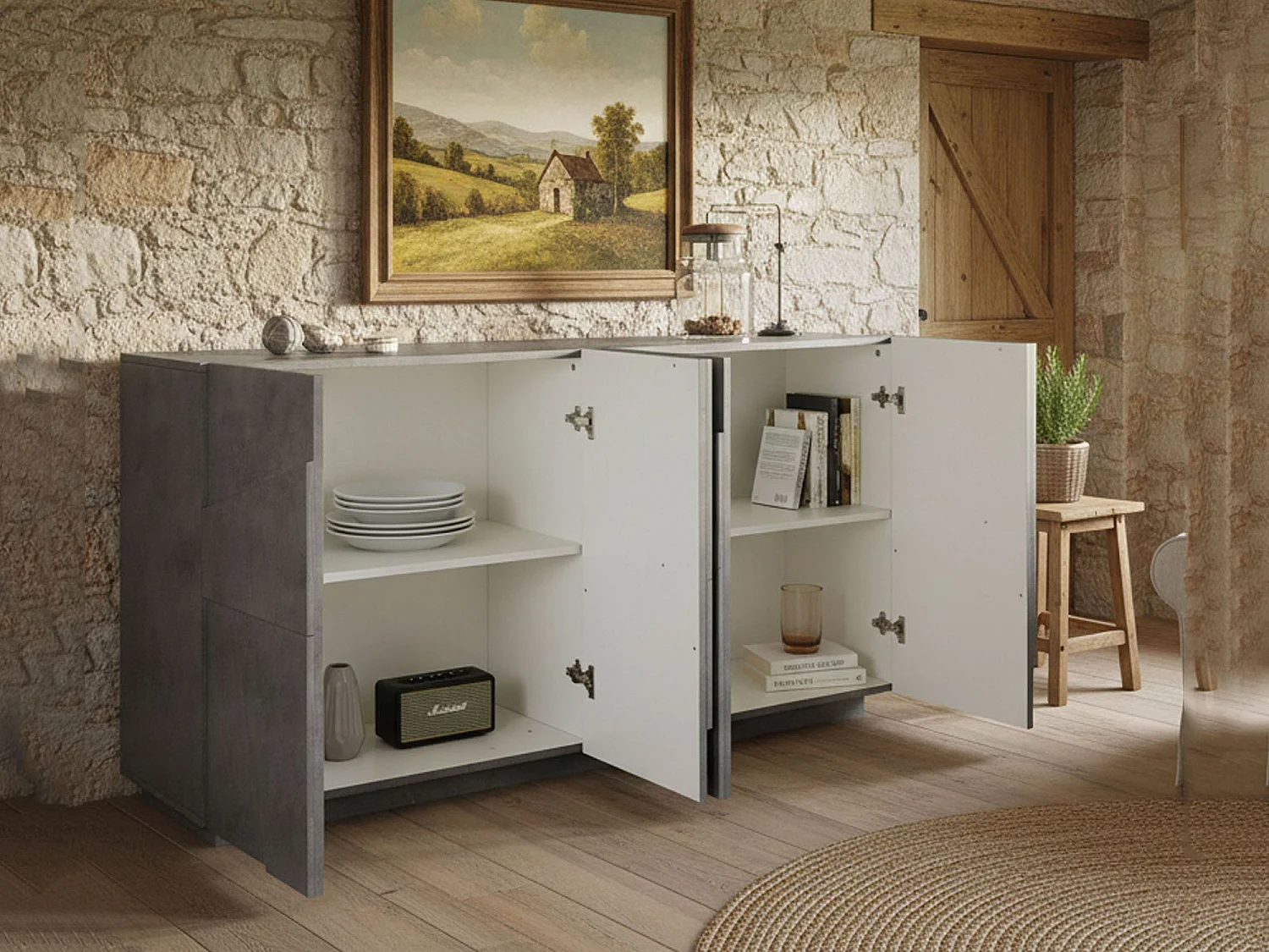 Aparador Dlanzar, aparador de cozinha 4 portas, Buffet de sala, 100% Fabricado na Itália, 162x44h86 cm, Cimento