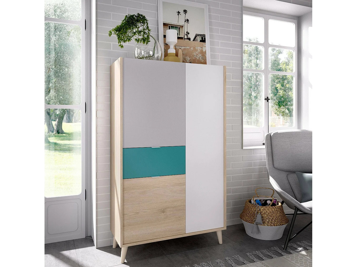 Buffet Dcelia, Buffet garde-manger de salon, Buffet de salon moderne avec 3 portes, 81x43h137 cm, Blanc et Chêne