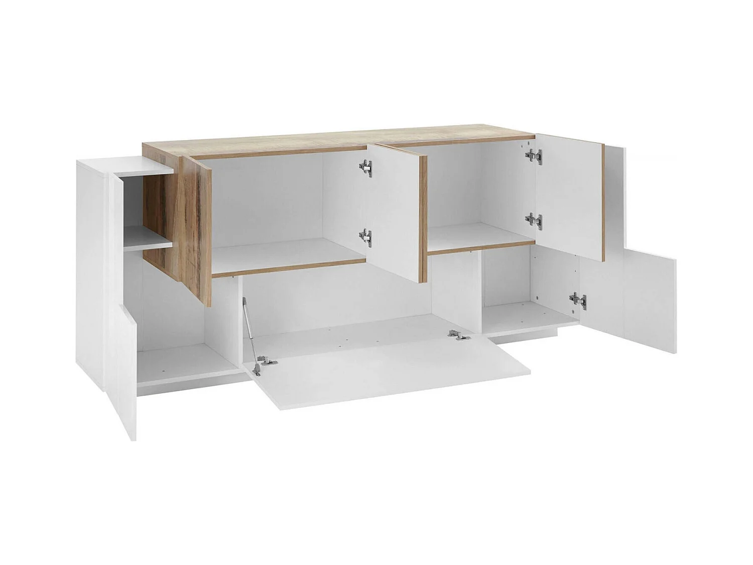 Buffet Ddionis, Buffet de cuisine avec 7 portes, Buffet de salon, Buffet de cuisine, 100% Made in Italy, 200x45h86 cm, Blanc brillant et érable