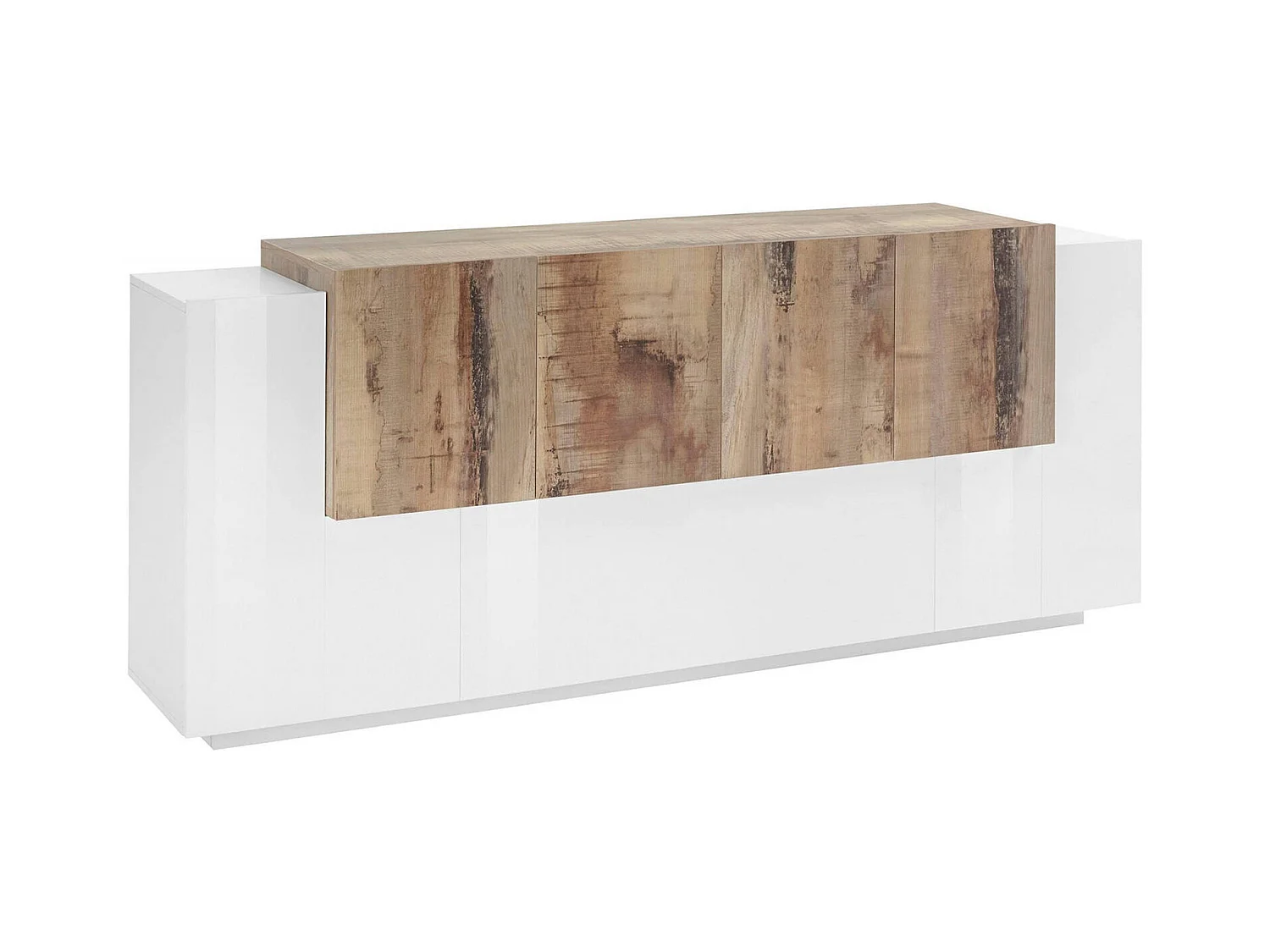 Buffet Ddionis, Buffet de cuisine avec 7 portes, Buffet de salon, Buffet de cuisine, 100% Made in Italy, 200x45h86 cm, Blanc brillant et érable
