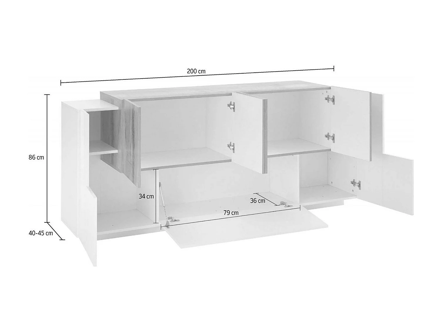 Buffet Ddionis, Buffet de cuisine avec 7 portes, Buffet de salon, Buffet de cuisine, 100% Made in Italy, 200x45h86 cm, Blanc brillant et érable