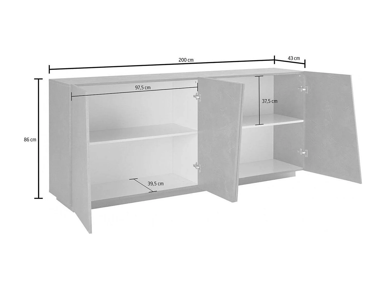 Buffet Dliguor, Buffet de cuisine 4 portes, Buffet de salon, 100% Made in Italy, 200x43h86 cm, Ardoise