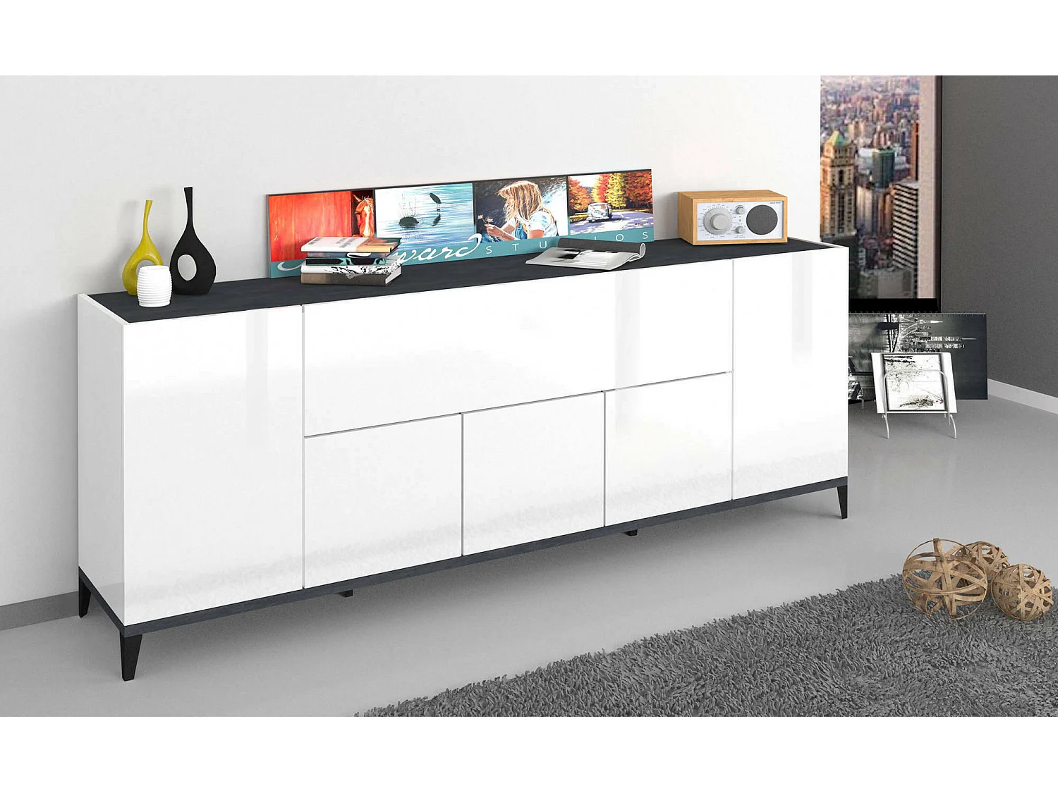 Dnatal dressoir, 6-deurs keukendressoir, Woonkamerbuffet, 100% Made in Italy, 200x40h82 cm, Glanzend wit en leisteen