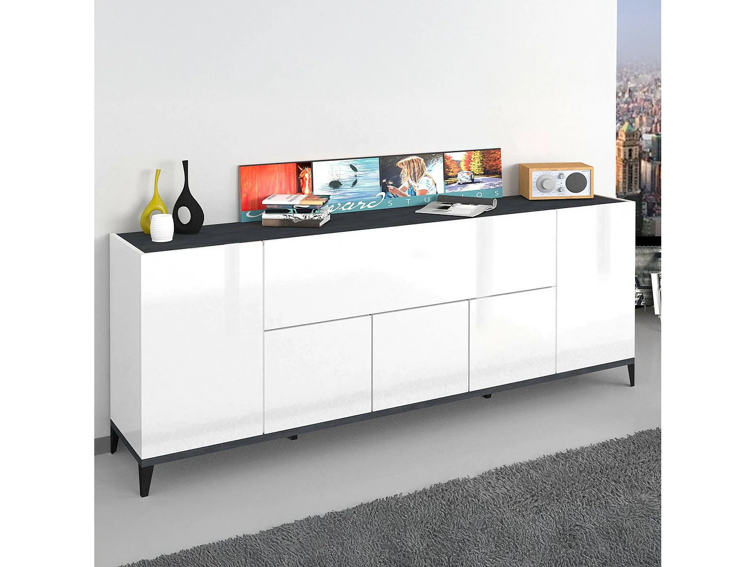 Credenza Amour, 2 Ripiani Made in Italy, 40x200x82h cm Bianco Lucido, Madia