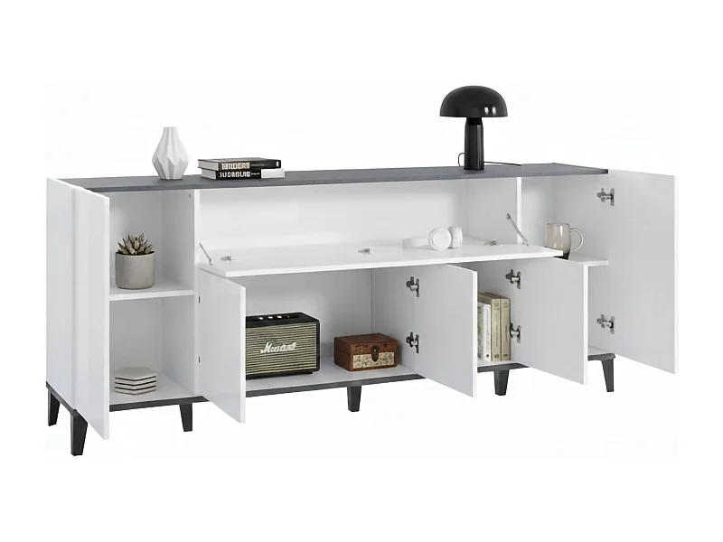 Buffet Dnatal, Buffet de cuisine 6 portes, Buffet de salon, 100% Made in Italy, 200x40h82 cm, Blanc brillant et ardoise