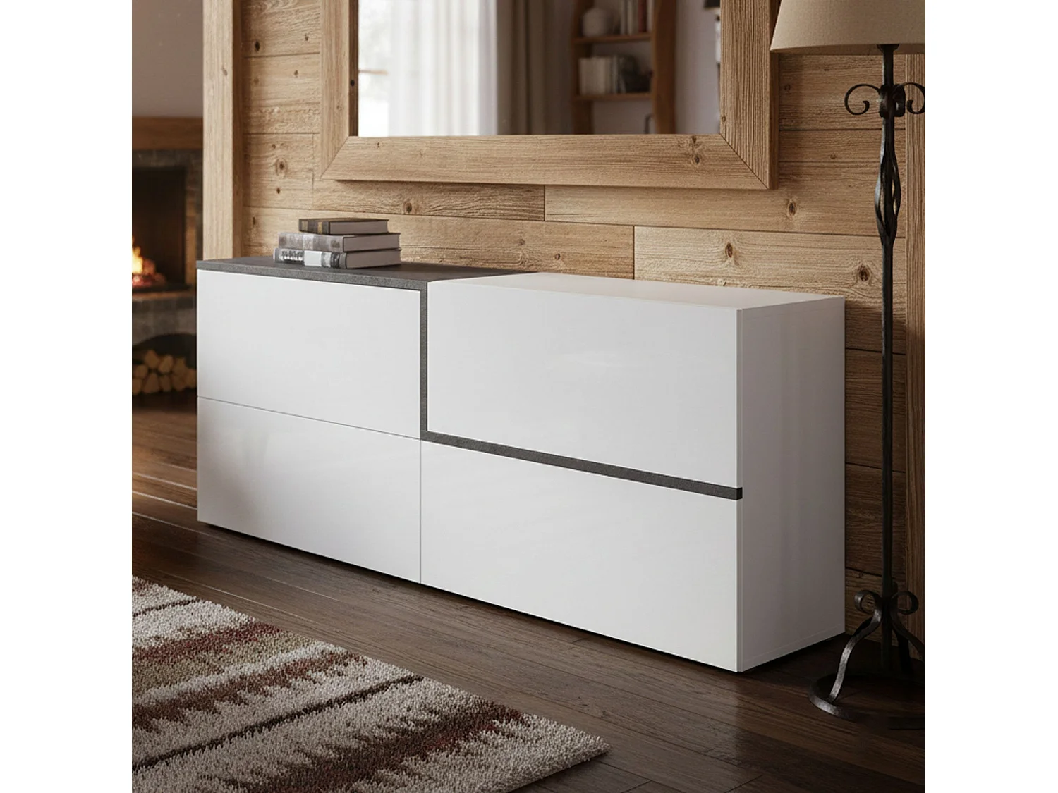Buffet Dgels, Buffet de cuisine, Buffet de salon, 100% Made in Italy, 210x40h80 cm, Blanc brillant et ardoise