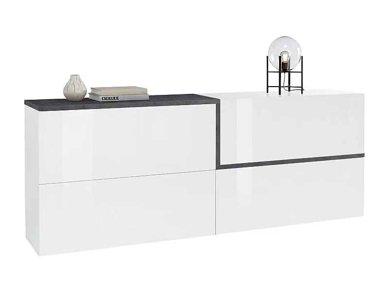 Dgels dressoir, Keukendressoir, Woonkamerbuffet, 100% Made in Italy, 210x40h80 cm, Glanzend wit en leisteen