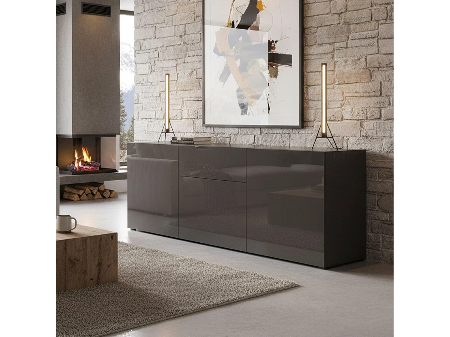 Buffet Dmobil, Buffet de cuisine avec 3 portes et 1 tiroir, Buffet de salon, 100% Made in Italy, 170x40h35 cm, Anthracite Brillant