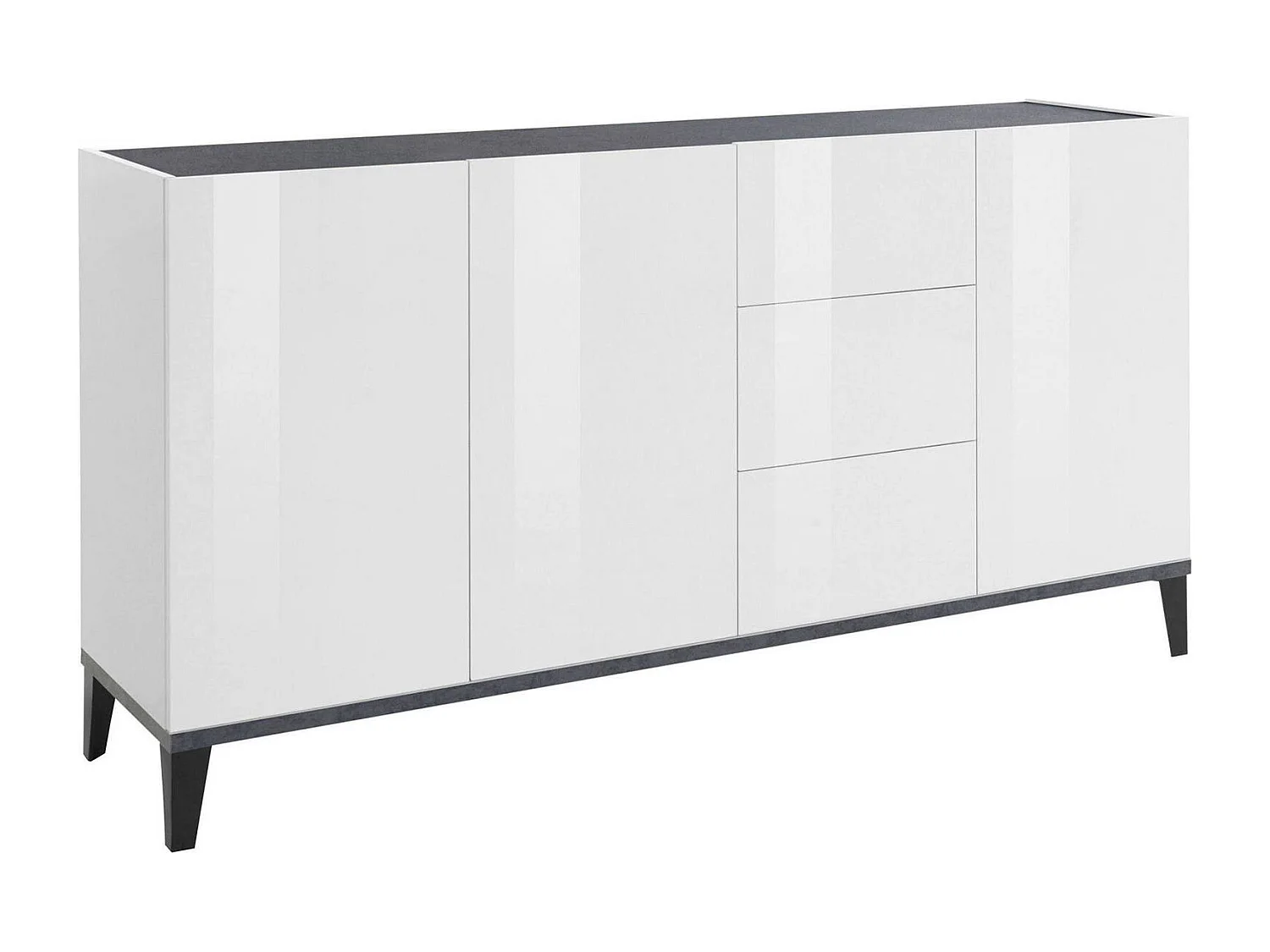 Dlong Dressoir, Keukendressoir met 3 deuren en 3 laden, Woonkamerbuffet, 100% Made in Italy, 160x40h82 cm, Glanzend wit en leisteen