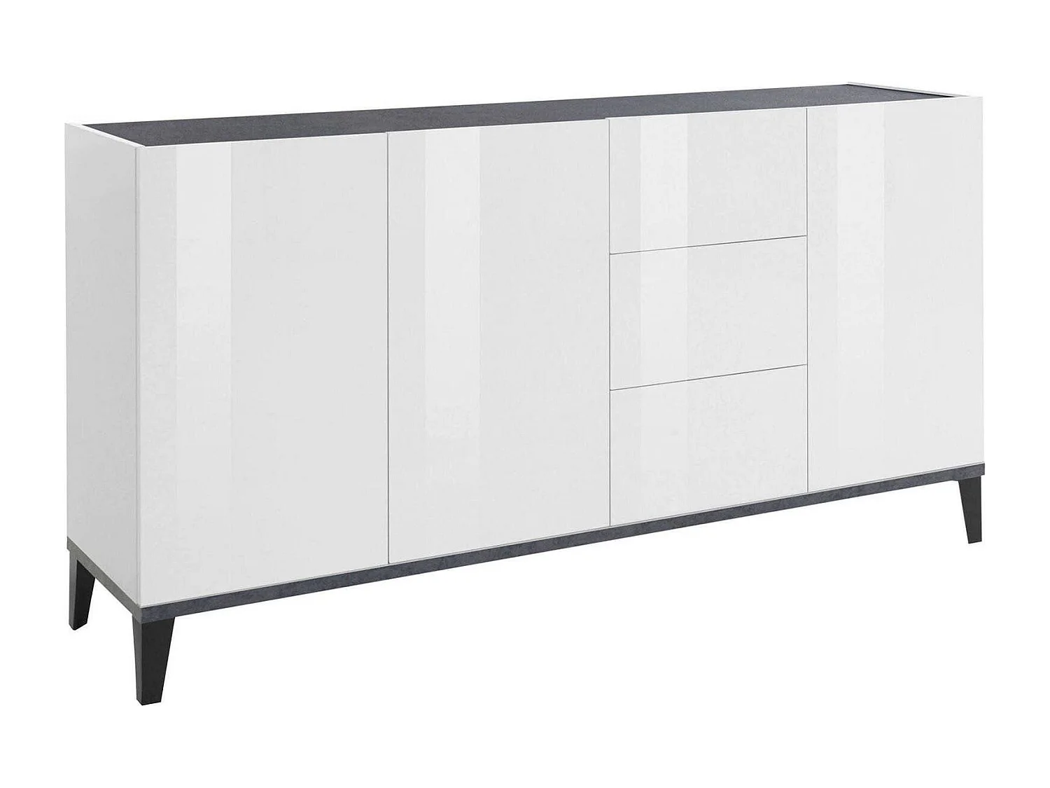 Dlong Dressoir, Keukendressoir met 3 deuren en 3 laden, Woonkamerbuffet, 100% Made in Italy, 160x40h82 cm, Glanzend wit en leisteen