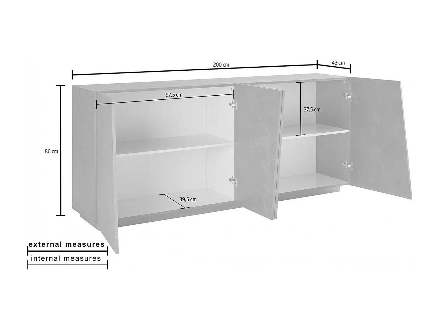 Buffet Dliguor, Buffet de cuisine 4 portes, Buffet de salon, 100% Made in Italy, 200x43h86 cm, Blanc brillant