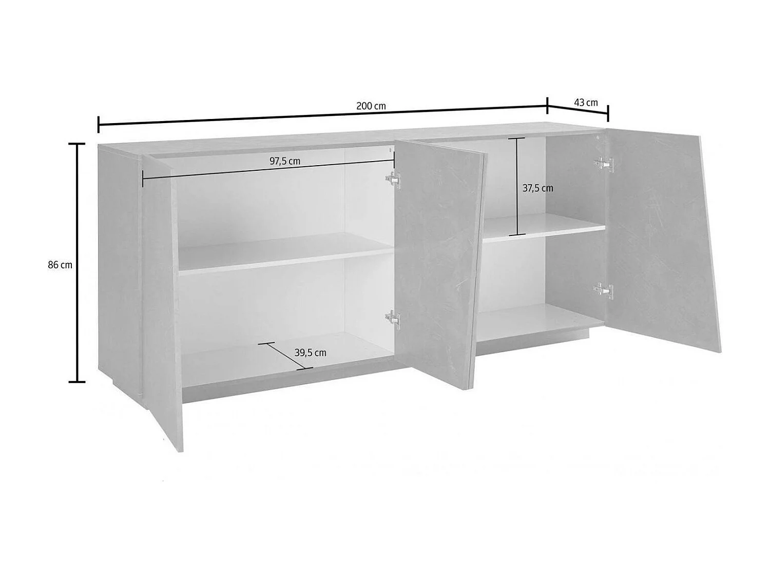 Buffet Dliguor, Buffet de cuisine 4 portes, Buffet de salon, 100% Made in Italy, 200x43h86 cm, Blanc brillant