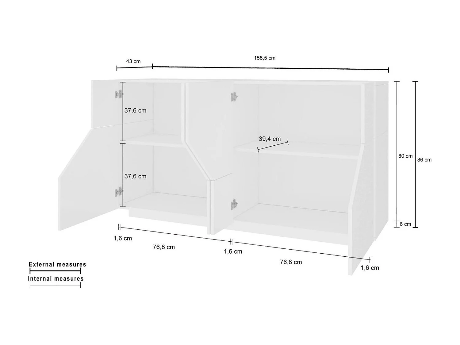 Buffet Dasllan, Buffet de cuisine avec 4 portes géométriques, Buffet de salon, Buffet de cuisine, 100% Made in Italy, 159x43h86 cm, Ardoise et Érable
