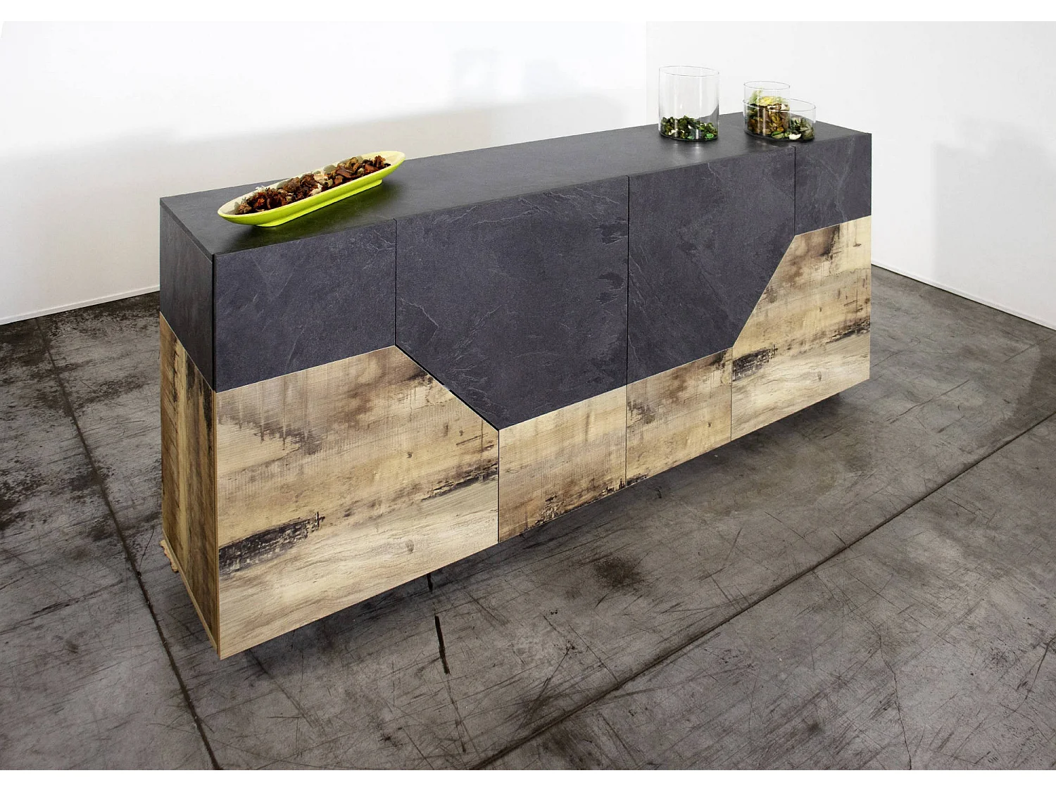 Buffet Dasllan, Buffet de cuisine avec 4 portes géométriques, Buffet de salon, Buffet de cuisine, 100% Made in Italy, 159x43h86 cm, Ardoise et Érable