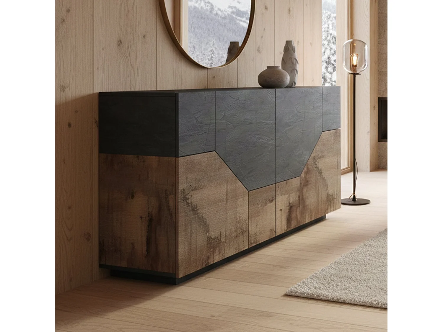 Buffet Dasllan, Buffet de cuisine avec 4 portes géométriques, Buffet de salon, Buffet de cuisine, 100% Made in Italy, 159x43h86 cm, Ardoise et Érable