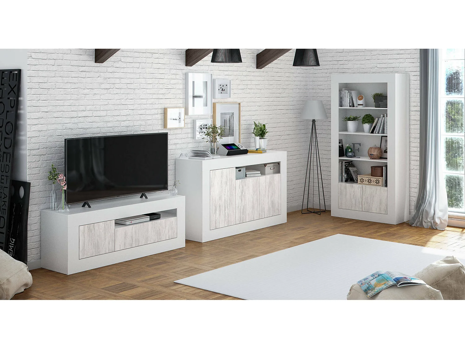 Dmirri dressoir, Modern dressoir met 3 deuren, Woonkamerbuffet met vakken, Woonkamerdressoir, TV-meubel, 144x42h87 cm, Wit