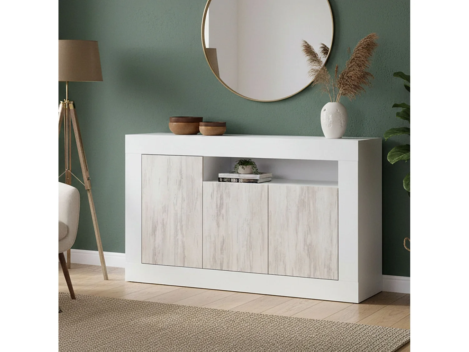 Buffet Dmirri, Armoire de salon, Buffet de salon avec compartiments, Meuble TV, Buffet moderne avec 3 portes, 144x42h87 cm, Blanc