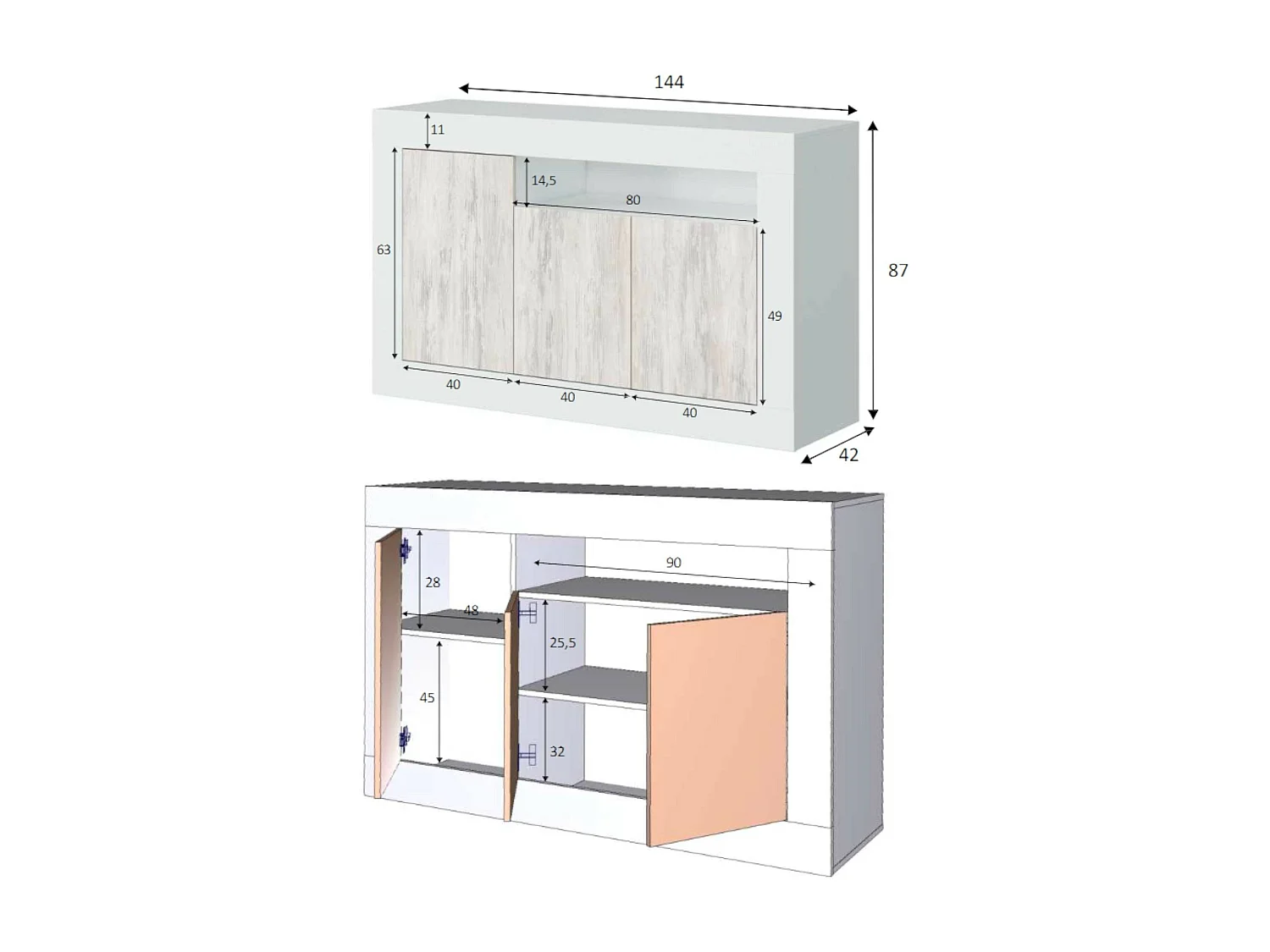 Buffet Dmirri, Armoire de salon, Buffet de salon avec compartiments, Meuble TV, Buffet moderne avec 3 portes, 144x42h87 cm, Blanc