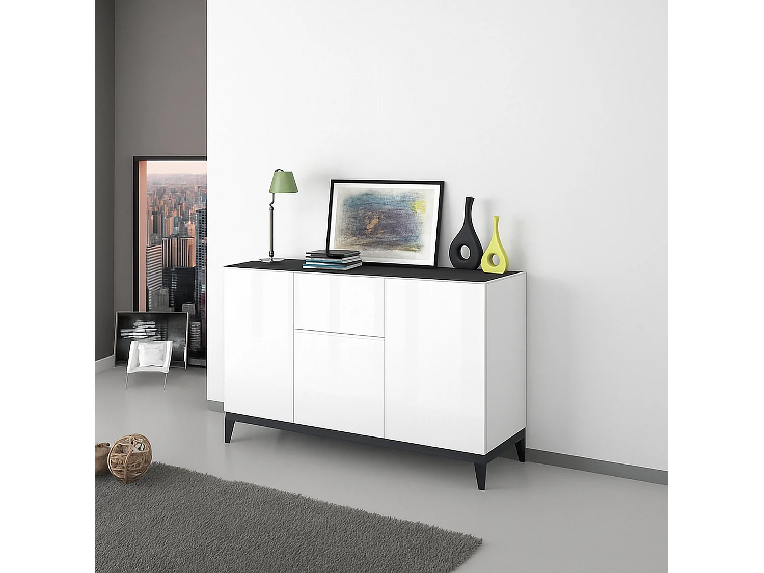 Kommode Ddybal, Küchen-Sideboard mit 3 Türen und 1 Schublade, Wohnzimmer-Buffet, Küchen-Sideboard, 100% Made in Italy, 120x40h82 cm, WeiÃŸ glänzend und Schiefer