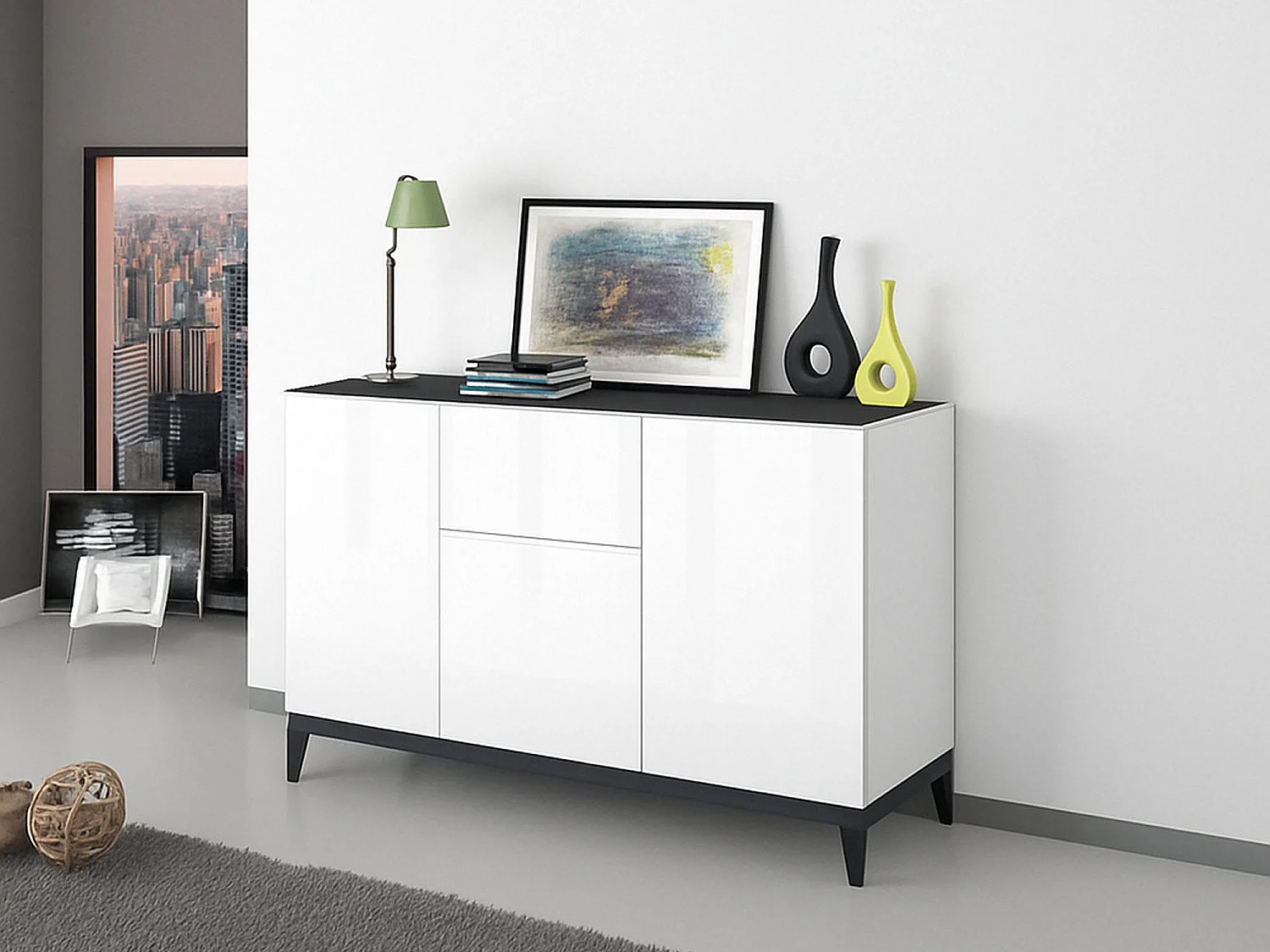Buffet Ddybal, Buffet de cuisine avec 3 portes et 1 tiroir, Buffet de salon, Buffet de cuisine, 100% Made in Italy, 120x40h82 cm, Blanc brillant et ardoise