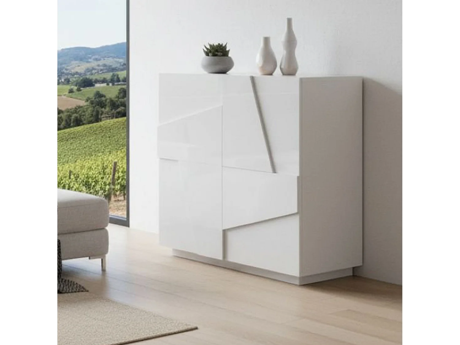 Buffet Dmalcui, Buffet de cuisine avec 2 portes, Buffet de salon, 100% Made in Italy, 81x44h86 cm, Blanc brillant