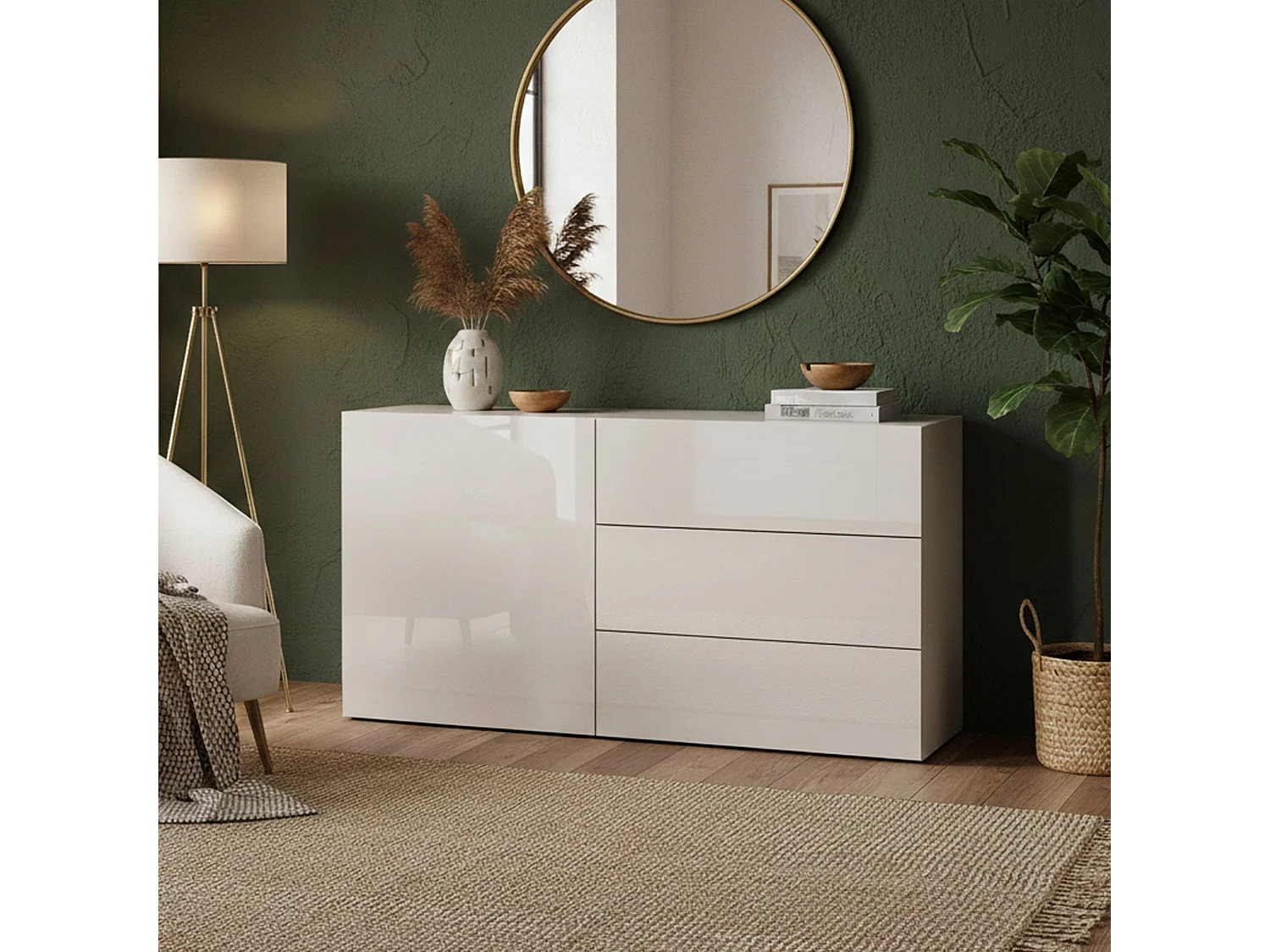 Buffet Dcomuzz, Buffet de cuisine avec 1 porte et 3 tiroirs, Buffet de salon, Buffet de cuisine, 100% Made in Italy, 110x40h35 cm, Blanc brillant