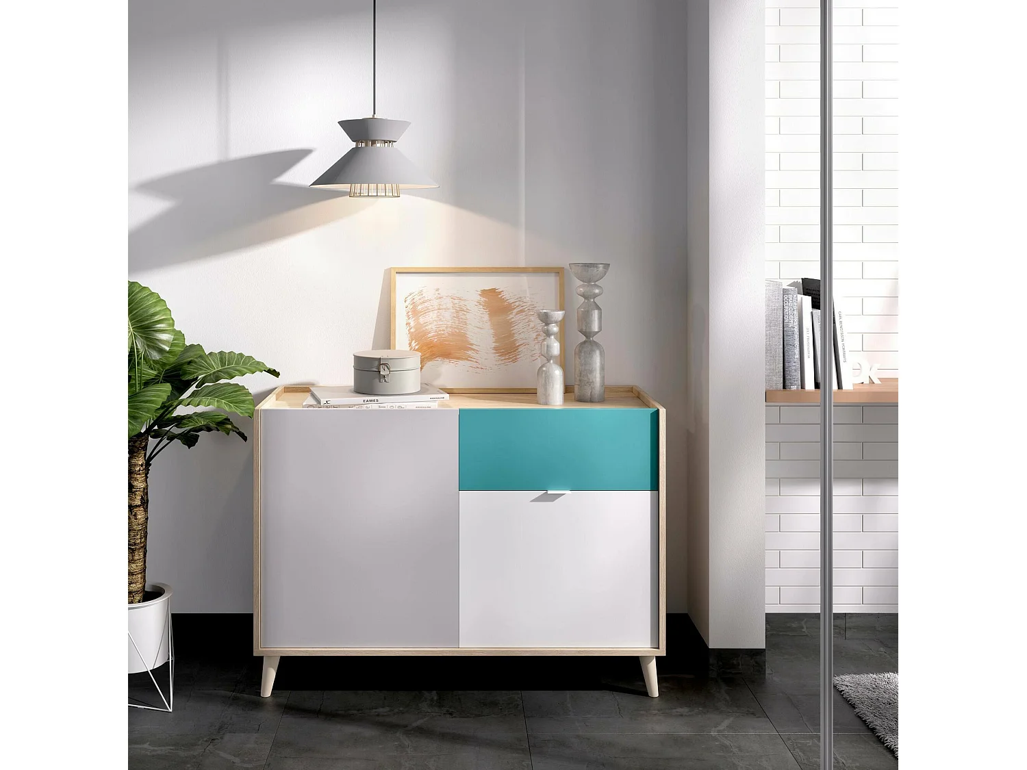 Aparador Djuli, Buffet de sala, Aparador de sala moderno com 2 portas, 105x43h75 cm, Branco e Carvalho