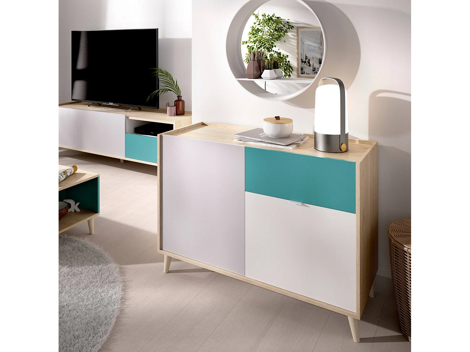 Aparador Djuli, Buffet de sala, Aparador de sala moderno com 2 portas, 105x43h75 cm, Branco e Carvalho