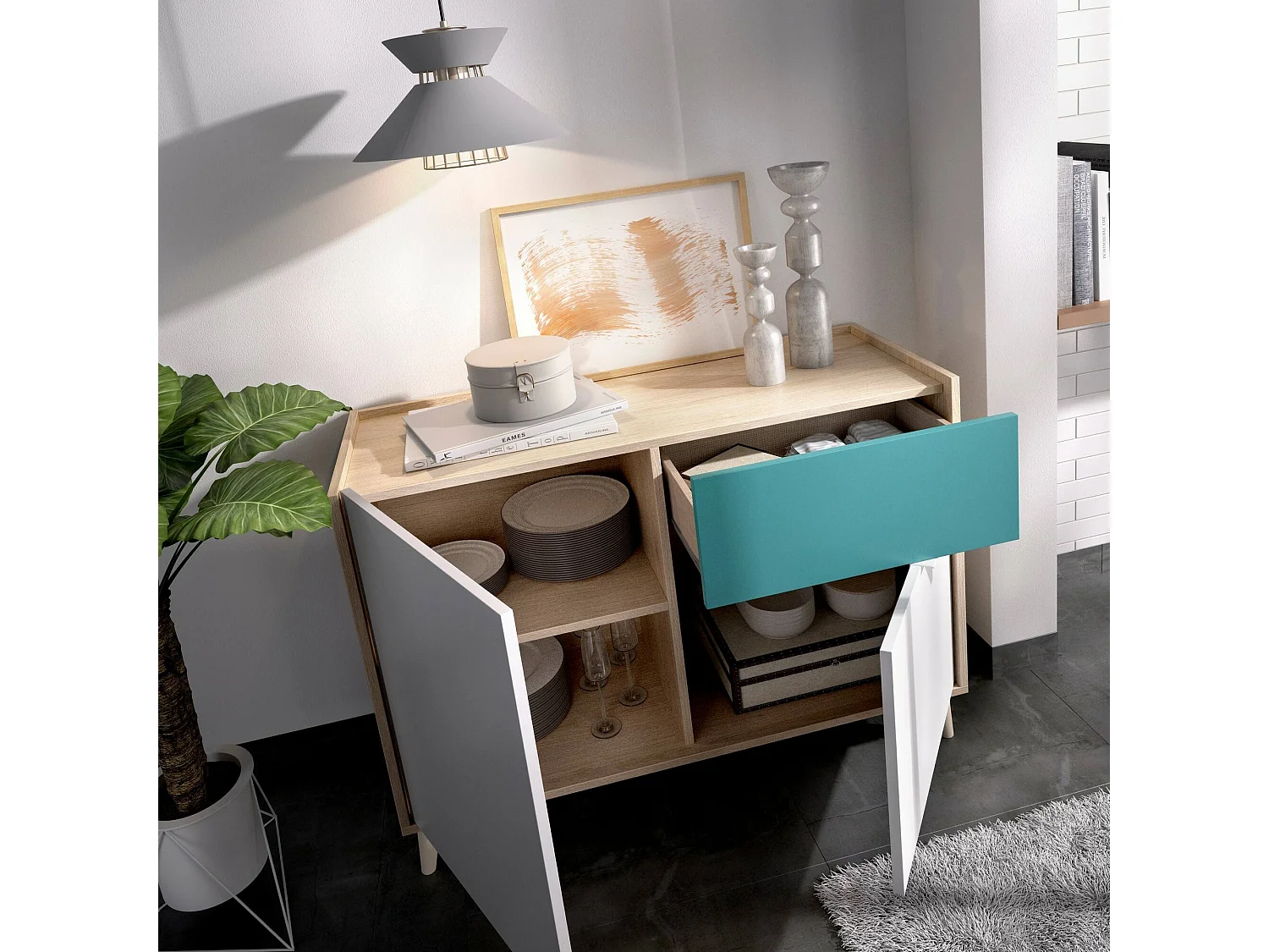 Sideboard Djuli, Buffet für Wohnzimmer, Modernes Sideboard für Wohnzimmer mit 2 Türen, 105x43h75 cm, Weiß und Eiche