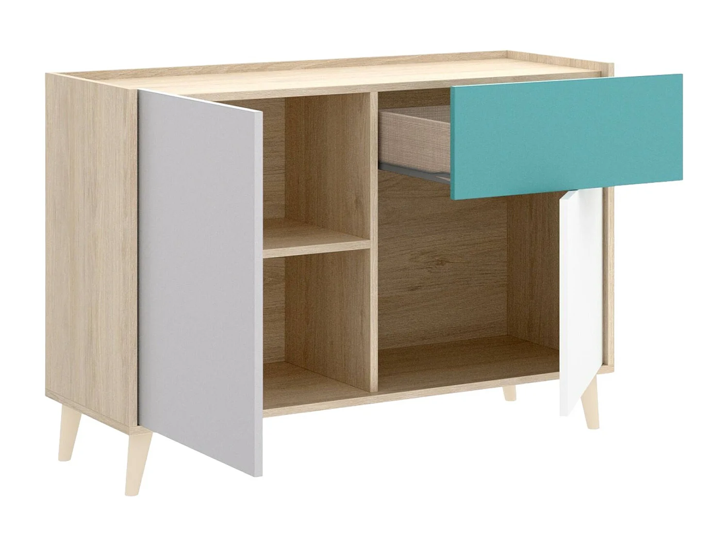 Djuli dressoir, Woonkamerbuffet, Modern woonkamerdressoir met 2 deuren, 105x43h75 cm, Wit en Eiken