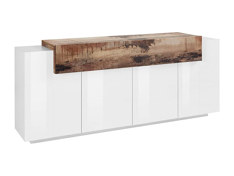 Buffet Dgerl, Buffet de cuisine avec 4 portes, Buffet de salon, 100% Made in Italy, 200x45h86 cm, Blanc brillant et érable