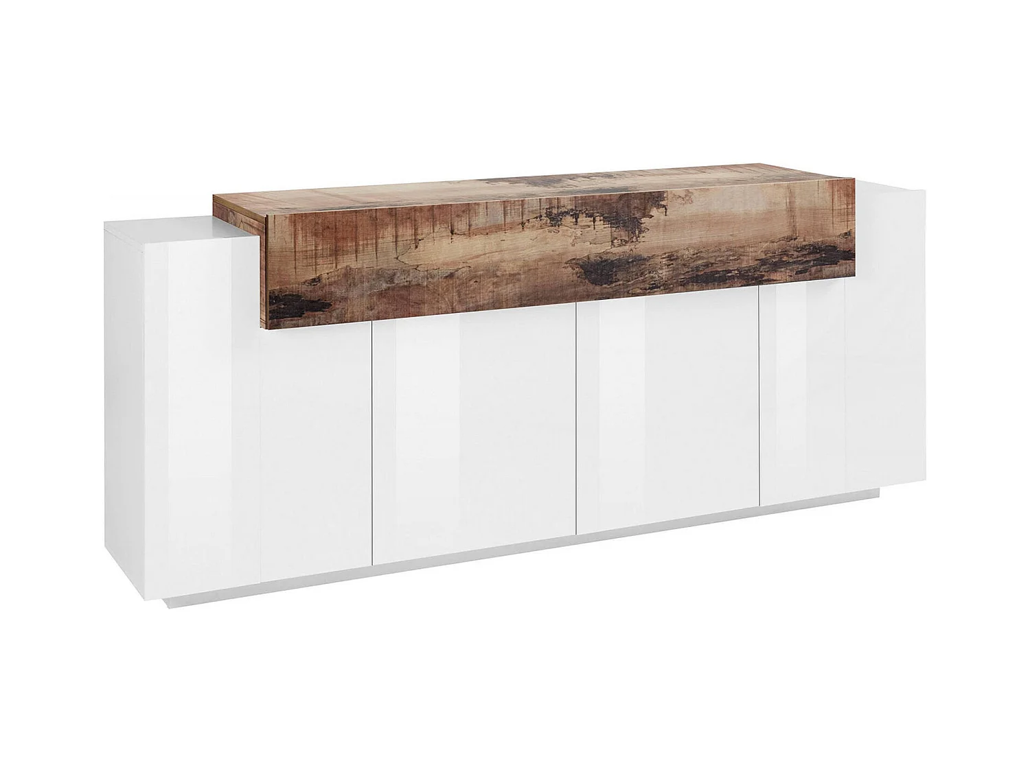 Buffet Dgerl, Buffet de cuisine avec 4 portes, Buffet de salon, 100% Made in Italy, 200x45h86 cm, Blanc brillant et érable