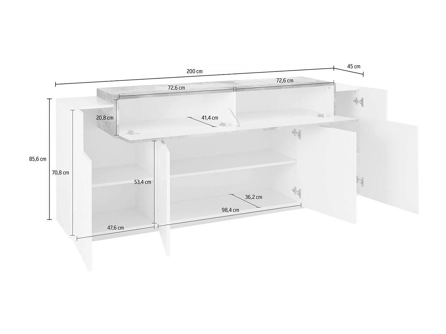 Dgerl dressoir, keukendressoir met 4 deuren, woonkamerbuffet, 100% Made in Italy, 200x45h86 cm, glanzend wit en esdoorn