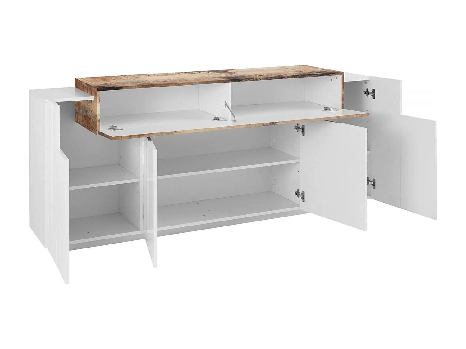 Dgerl dressoir, keukendressoir met 4 deuren, woonkamerbuffet, 100% Made in Italy, 200x45h86 cm, glanzend wit en esdoorn